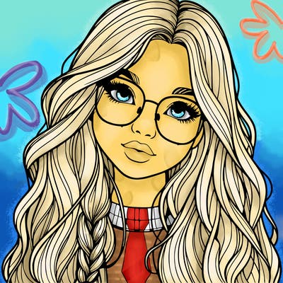 girl with long hair and freckles and glasses realistic
