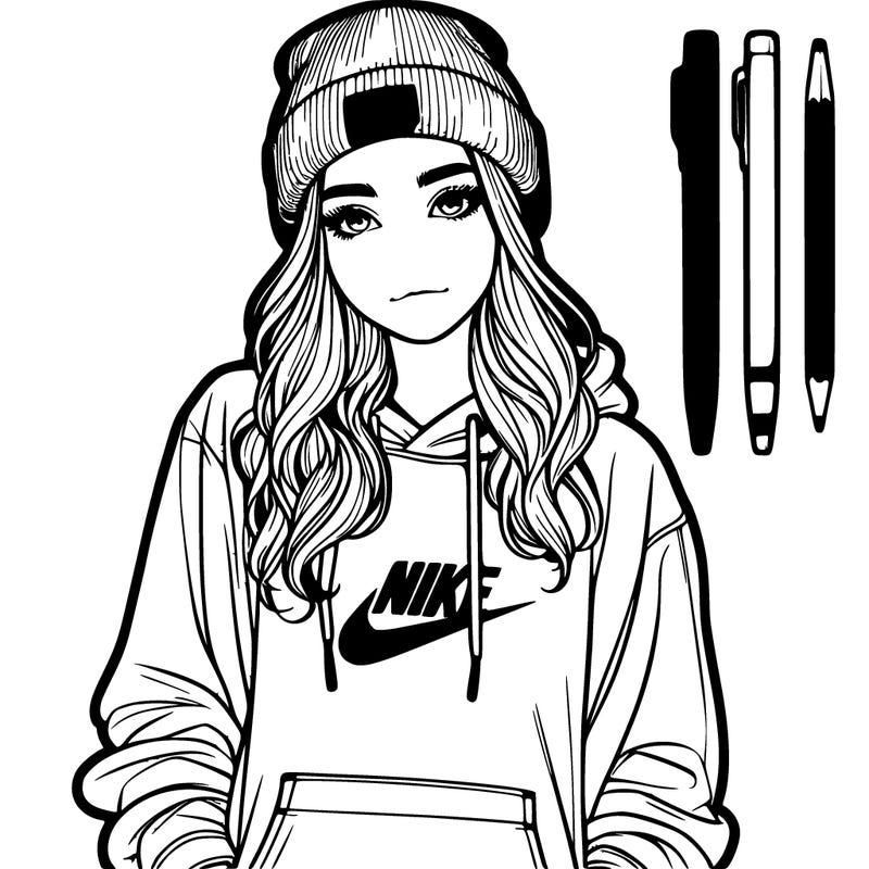 realistic girl wearing a hoodie and a beanie and nikes