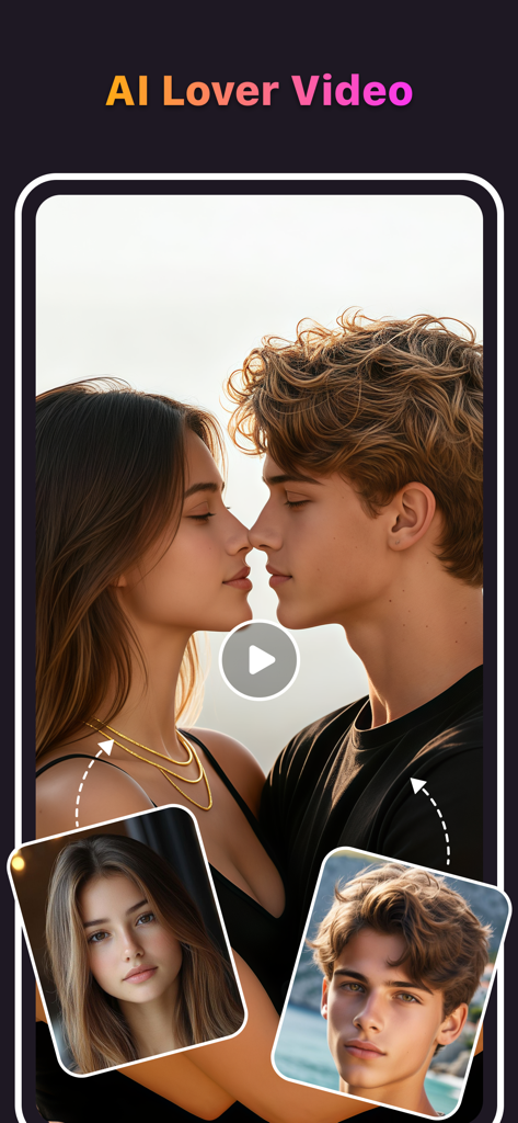 AI Danza-AI Video Editor&Maker - AI Danza app interface showing the AI Lover Video feature creating a romantic animation from two separate portraits.