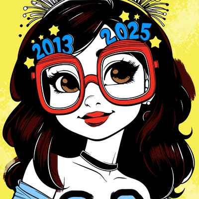 realistic girl with new year’s glasses on