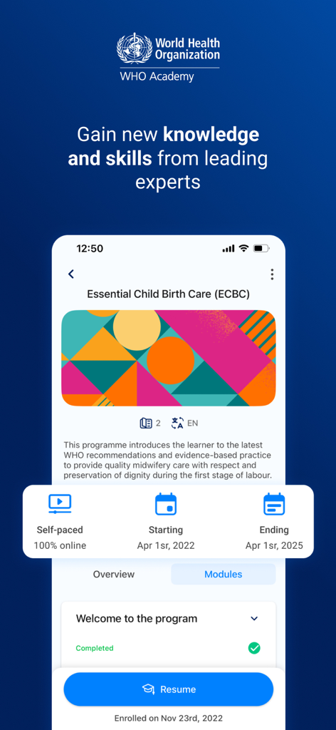 WHO Academy - Smartphone screen displaying a World Health Organization Academy course for healthcare professionals