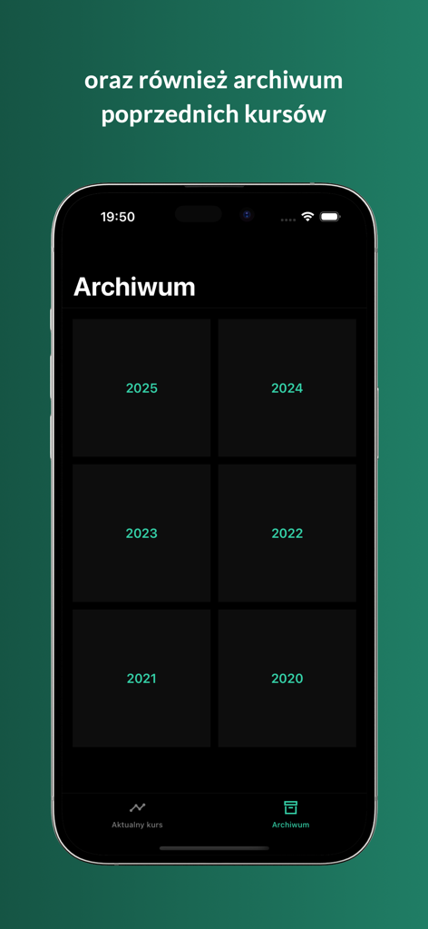 Interfaz de la aplicación móvil que muestra una cuadrícula de años para consultar los tipos de cambio históricos del NBP
