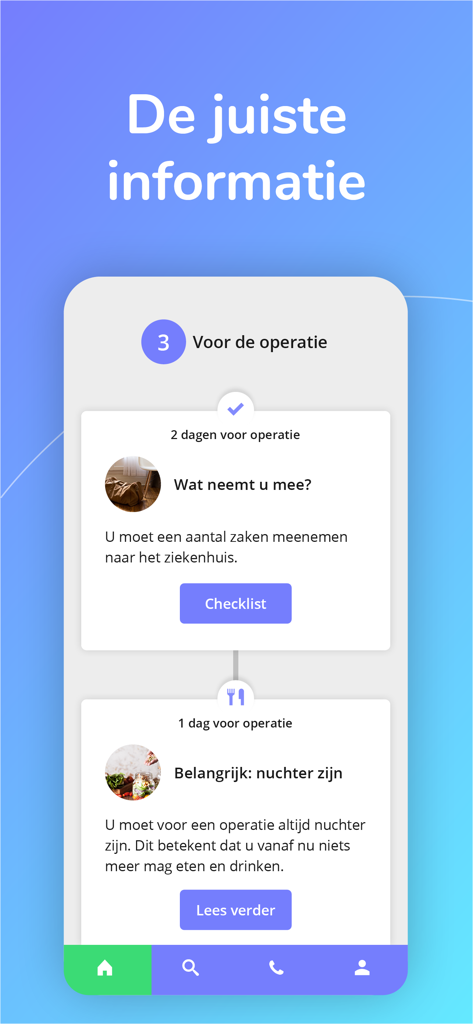 Capture d'écran de l'application Parcours Patient montrant une chronologie des tâches et instructions pré-opératoires