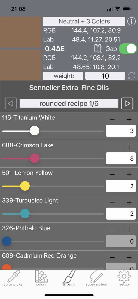 Real Paint mixing tools PRO - Screenshot of the Real Paint mixing tools PRO app showing a rounded mixing recipe for Sennelier Extra-Fine Oils including color sliders and RGB values