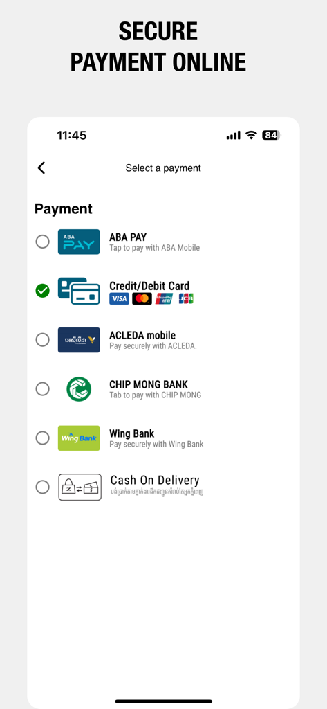 Pantalla de pago de la aplicación Zando que muestra métodos de pago seguros, incluyendo tarjetas de crédito y banca móvil.
