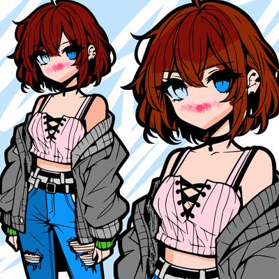 anime girl. waist-length hair. slanted eyes. short blouse. jacket over shoulders. ripped pants. ear piercing