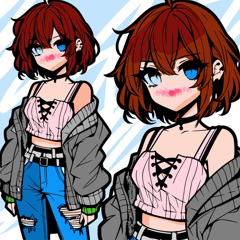 anime girl. waist-length hair. slanted eyes. short blouse. jacket over shoulders. ripped pants. ear piercing