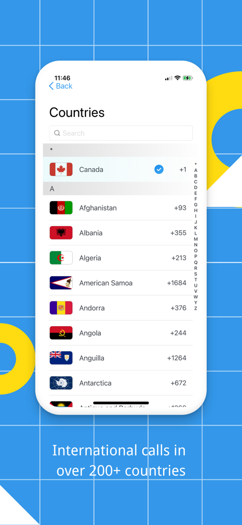 TeleMe app screen displaying a list of countries for international calls with flags and area codes.