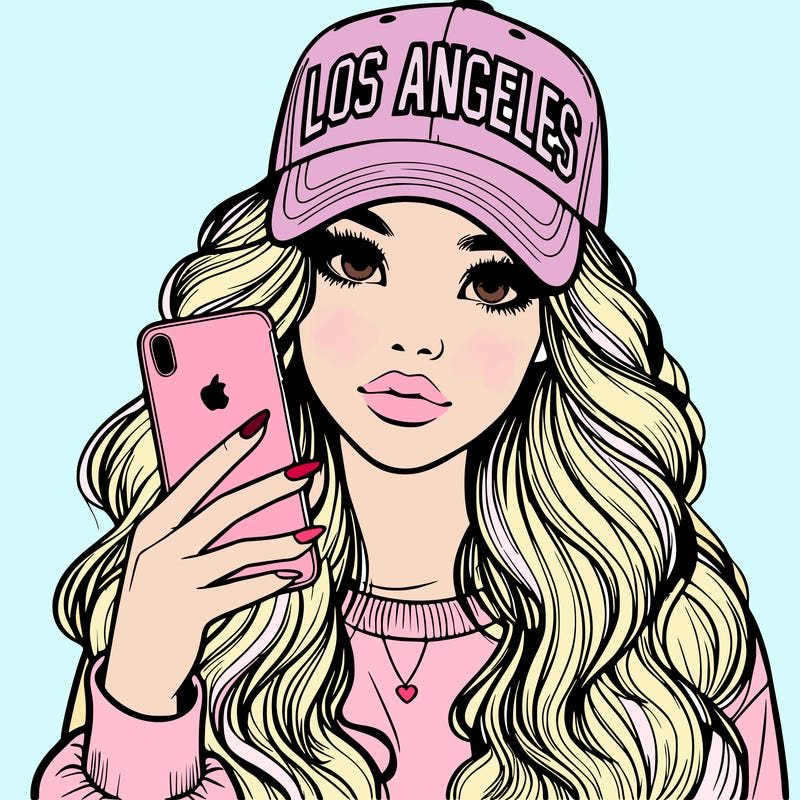realistic beautiful girl wearing los ángeles cap holding an iphone