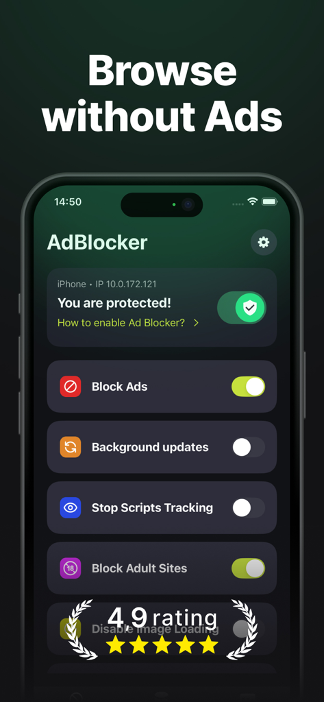 Capture d'écran de l'application Guardient montrant l'interface AdBlocker avec des paramètres pour bloquer les publicités et les traqueurs