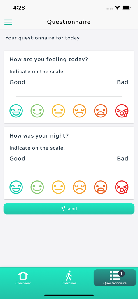 moveUP - Daily patient questionnaire screen in the moveUP app featuring emoji rating scales for mood and sleep quality