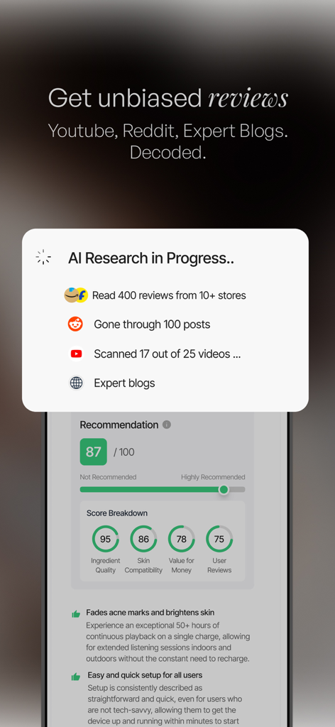 Flash.co | AI-Powered Shopping - Interfaz de la aplicación de compras Flash AI que muestra una puntuación de recomendación de producto y un resumen de investigación de Reddit y YouTube