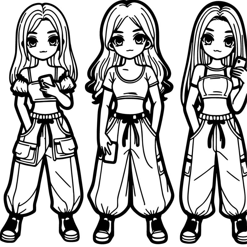 3 girls with a cute crop top and baggy pants and phones