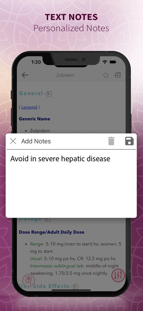 PsychNotes: Clinical Pkt Guide - Smartphone display showing the personalized text notes feature in the PsychNotes clinical guide app