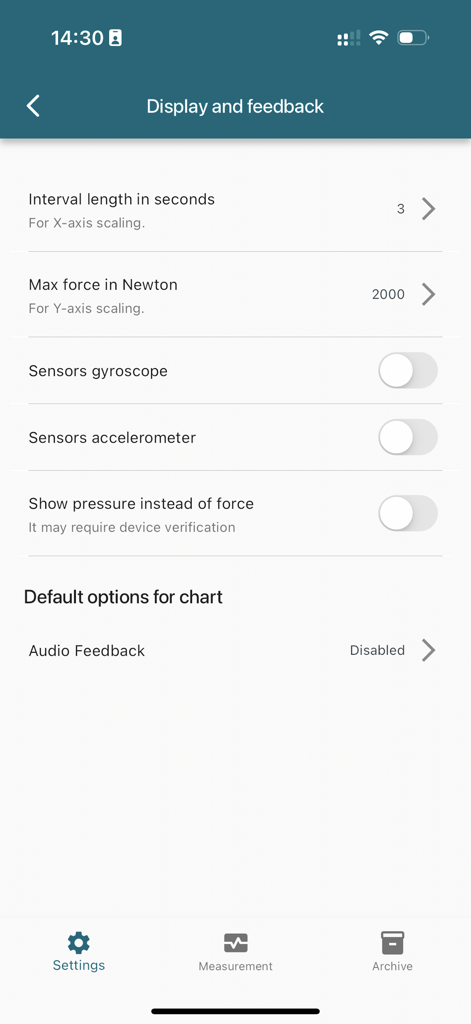loadapp - loadapp display and feedback settings screen showing force and sensor options