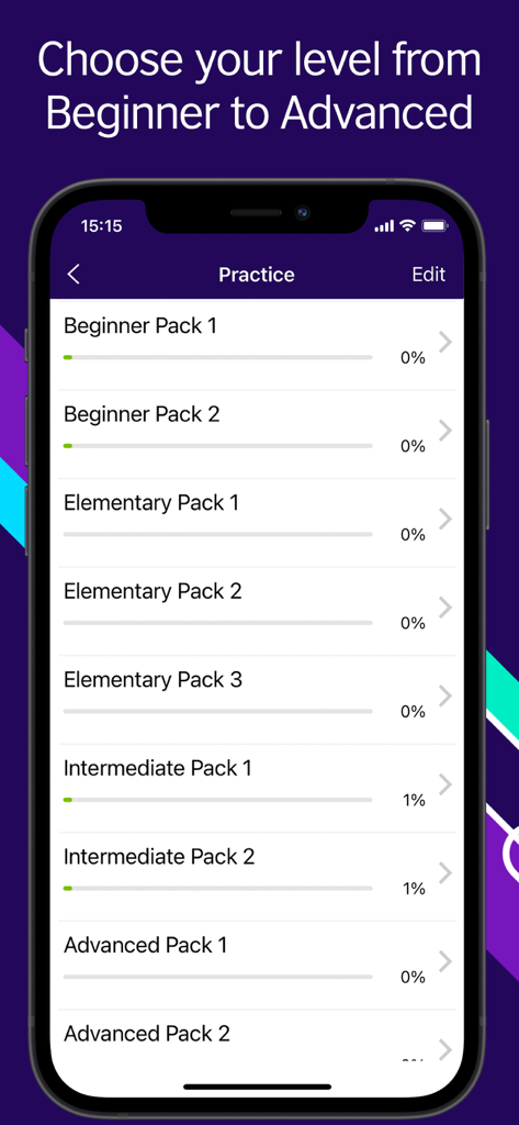 LearnEnglish Grammar (UK ed.) - LearnEnglish Grammarアプリのインターフェース。初心者から上級者までの練習パックを表示