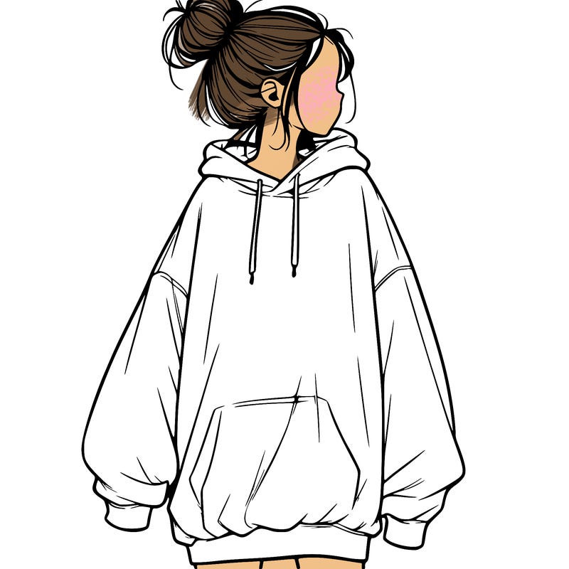 realistic girl with a oversized sweatshirt on and a bun