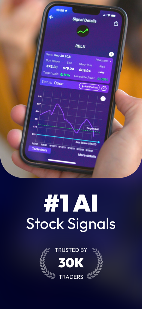 Stocks Alerter - Stocks Alerter mobile app interface showing AI-powered swing trading signals for RBLX.
