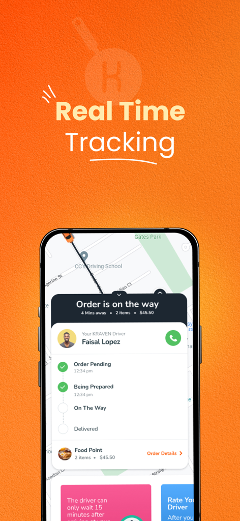 KRAVEN: Food Delivery - KRAVEN food delivery app interface showing real-time order tracking with a map and driver details.