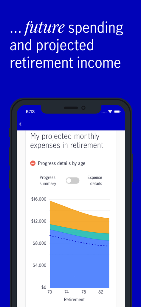 John Hancock Retirement app screen showing a graph of projected monthly expenses and retirement income by age