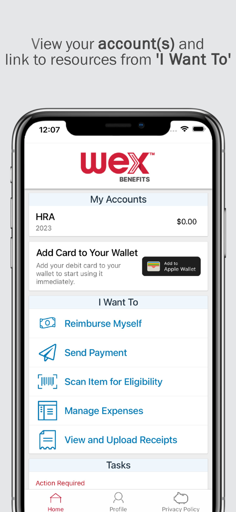 Home screen of the Benefits by WEX app showing HRA account balance and a list of quick actions like Reimburse Myself and Scan Item for Eligibility
