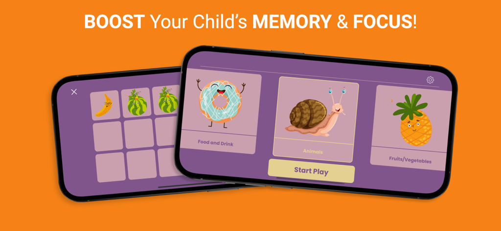 Memory Mingle - Prévia do aplicativo Memory Mingle mostrando jogos educativos de correspondência para crianças com animais e frutas.