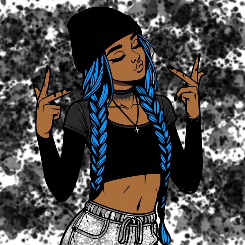 realistic teenage girl with braids and a beanie and crop top doing 🫶🏼