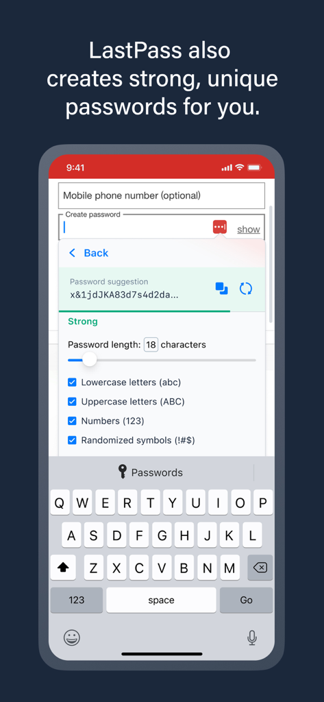 LastPass mobile app interface showing the password generator tool creating a strong password with custom settings for length and characters.