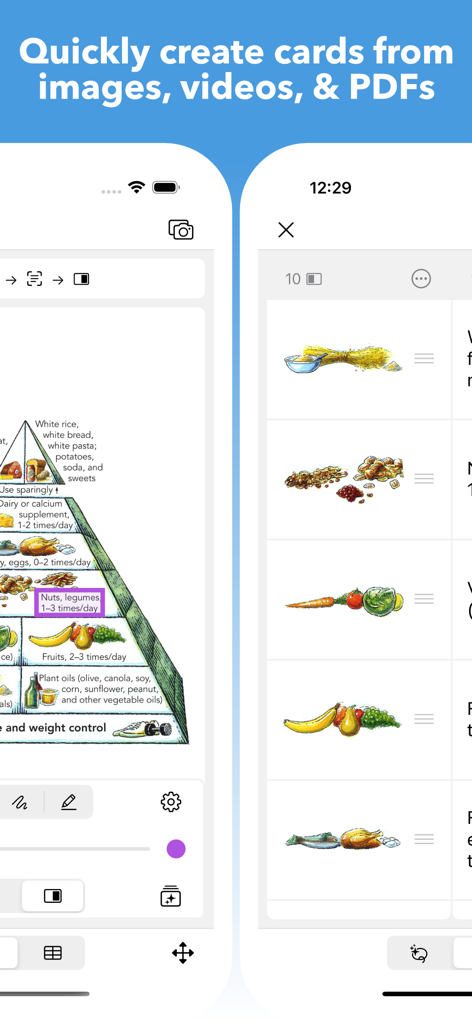 Interface de l'application Mighty Flashcards montrant comment extraire et créer des cartes d'étude à partir d'un diagramme de la pyramide alimentaire