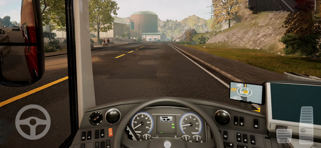 Ultimate Bus Simulatorr - First person view from a bus cockpit showing the steering wheel dashboard and road ahead in a simulation game