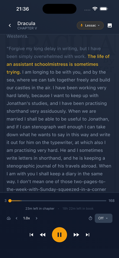 Eist - Audiobook Reader - Eistアプリのインターフェイスで、テキスト読み上げ再生とハイライト表示されたドラキュラを表示