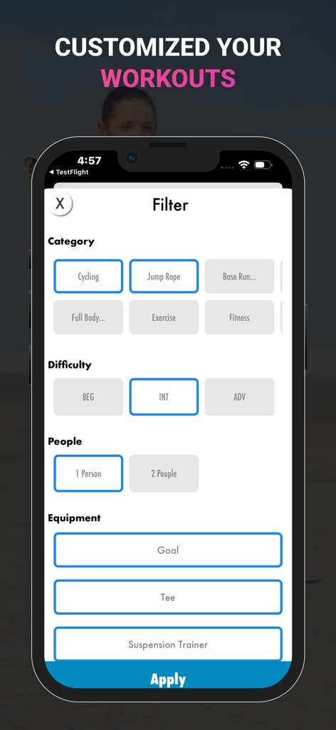 Jump Rope Workouts & Routines - Pantalla de filtro en la aplicación Jump Rope para personalizar entrenamientos por categoría y dificultad
