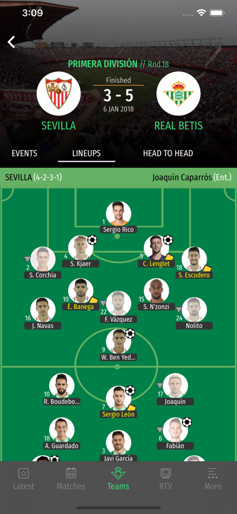 Alineación táctica del equipo para Sevilla contra Real Betis en la app oficial