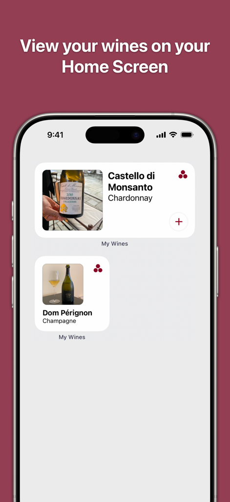 Widgets de pantalla de inicio de la aplicación My Wines que muestran registros de vinos personales y fotos de botellas