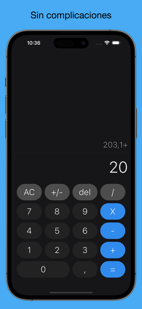 Calculadora - Básica - Interfaz de la aplicacion Calculadora Basica en modo oscuro con botones azules y grises