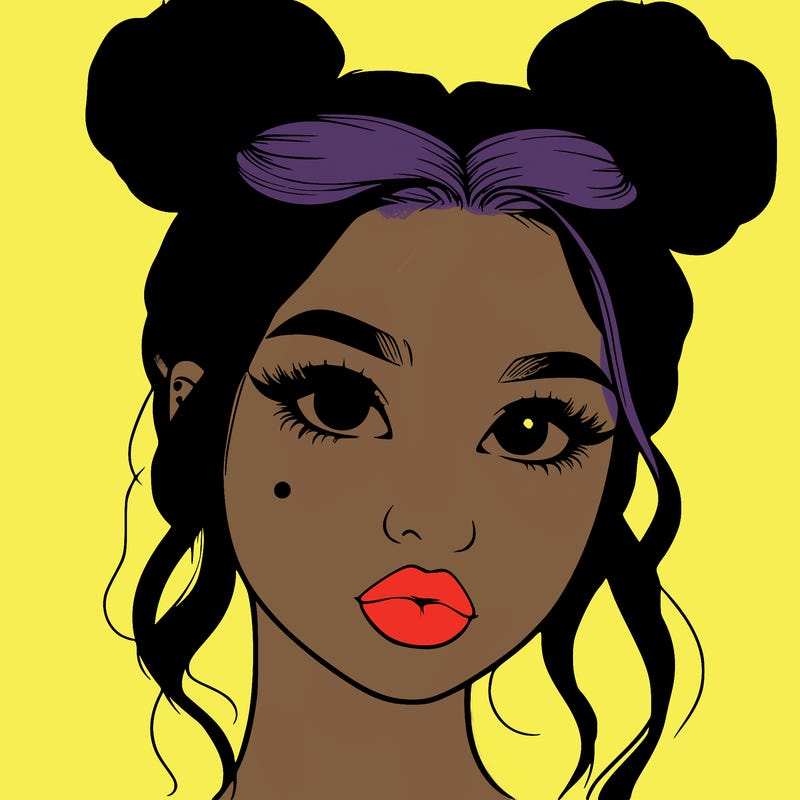 realistic girl with two buns on her hair and lips