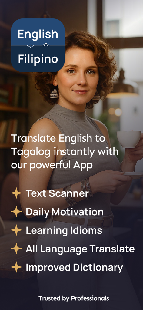 English Tagalog Translator - English Tagalog Translator app screenshot showing features including text scanner daily motivation and learning idioms
