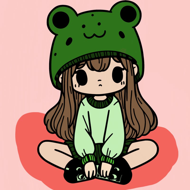a girl wearing a frog hat and some frog socks