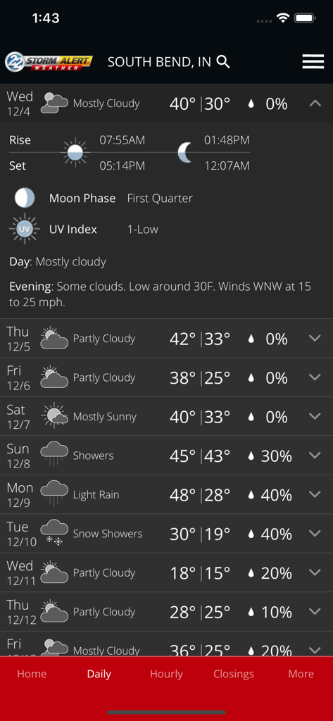 WSBTweather - WSBTweather app daily forecast screen for South Bend Indiana showing a 10 day weather outlook