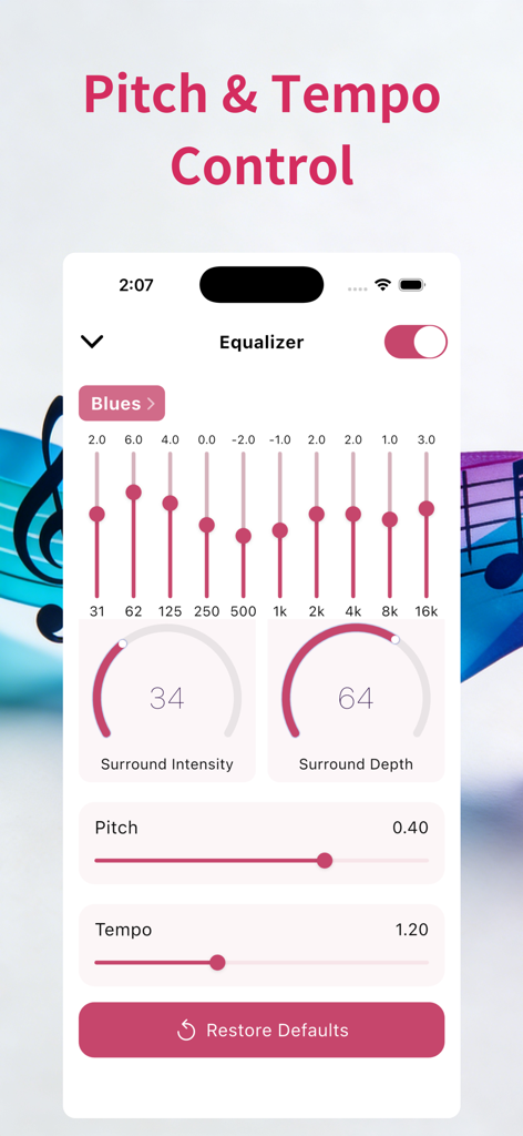 Offline Music : Offline Player - Pantalla del ecualizador de Offline Music con ajustes de audio profesionales para tono, tempo y sonido envolvente