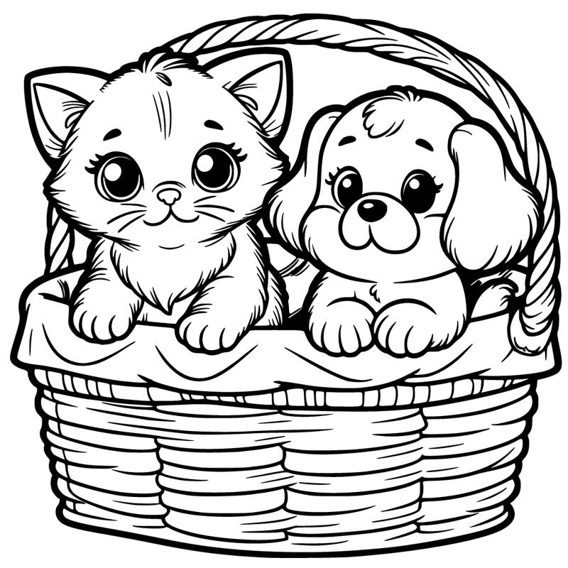 kitten and a puppy in a purple basket