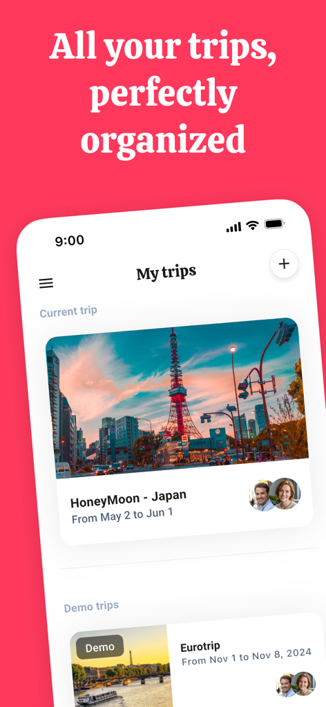 TripZen - Travel Planner - TripZen mobile app screen showing organized travel itineraries including a Japan honeymoon and a Eurotrip