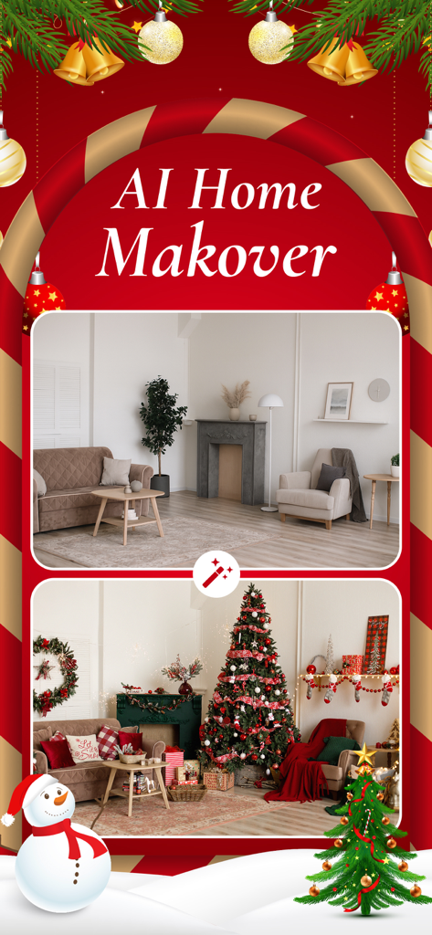 AI Design - Home Interior - Before and after comparison of a living room makeover with Christmas decorations using AI Design app