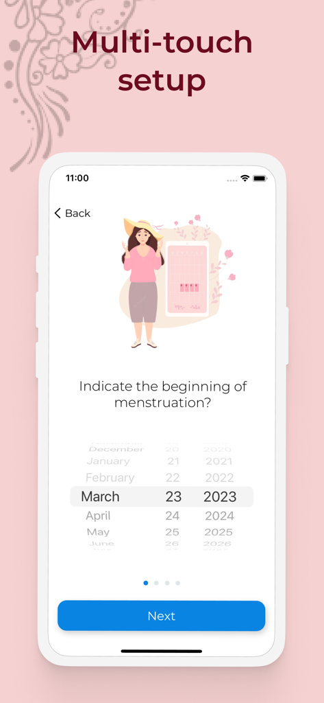 Period tracker : My Calendar - Setup screen in the Period tracker app for selecting the start date of menstruation using a date picker.