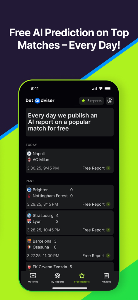 Football Predictions: AIdviser - AIdviser app screen displaying daily free AI football match reports and predictions