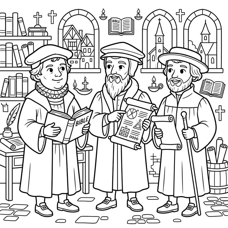 Explore the fascinating world of religious reformers with this delightful coloring page designed for kids. Bring these influential historical figures to life with your favorite colors.