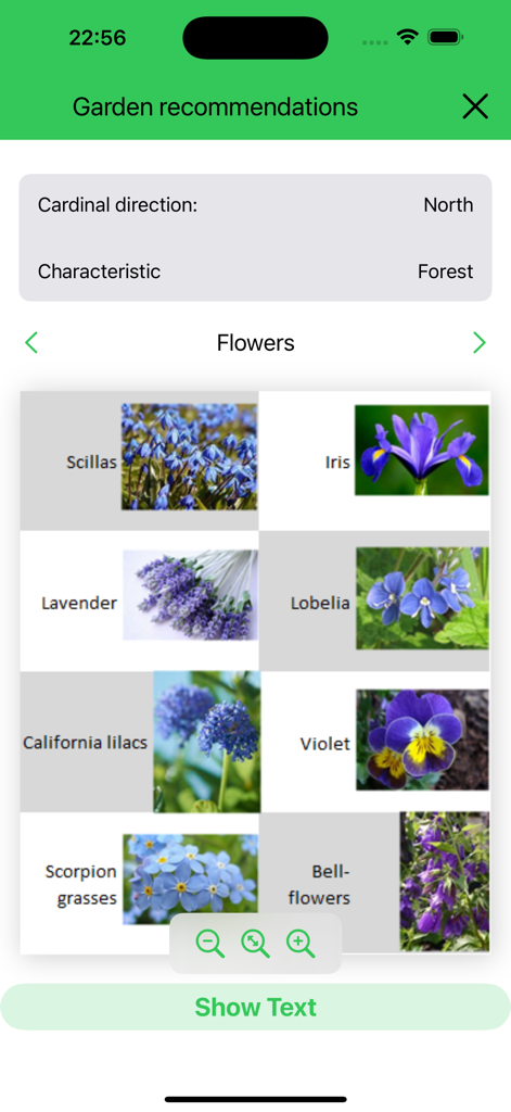 Flower recommendations for a north-facing garden area in the Garden Feng-Shui app.