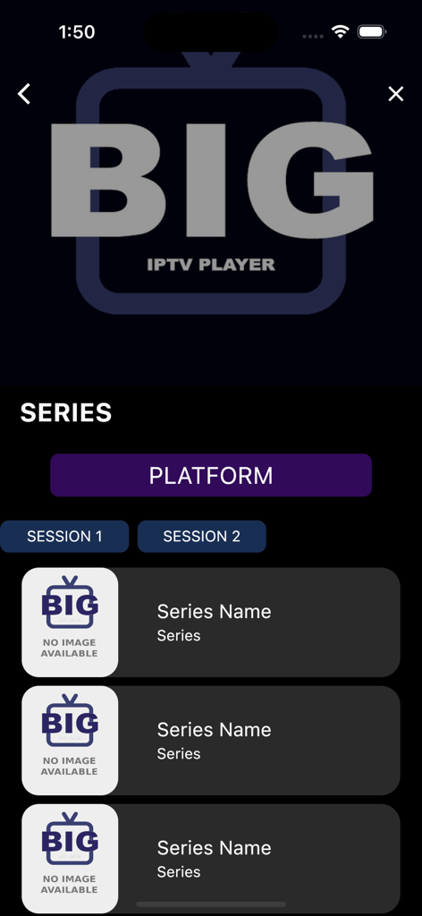 BIG IPTV(M3U Player) - The series section of the BIG IPTV app displaying session tabs and a list of available shows in a clean dark interface.