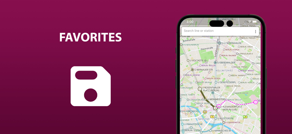 Public transport map Berlin - Mobile app screen for saving favorite transit routes in Berlin