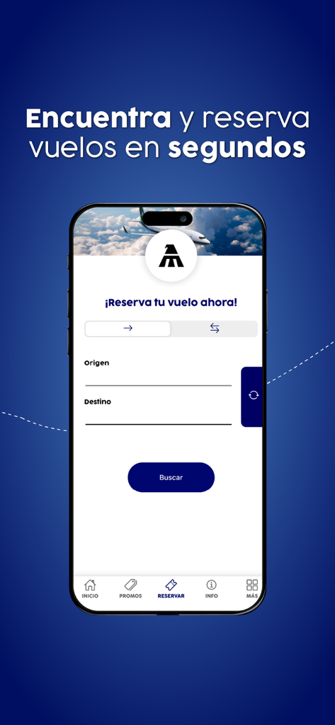 Mexicana - Mexicana airline app screen for flight search and booking with origin and destination fields